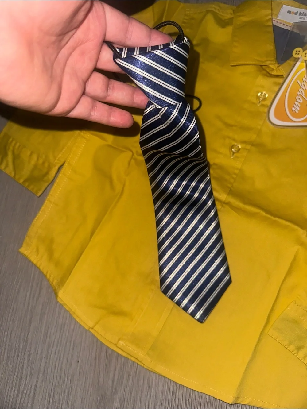 Amazon Kids Yellow Dress Shirt with Navy & White Striped Tie
